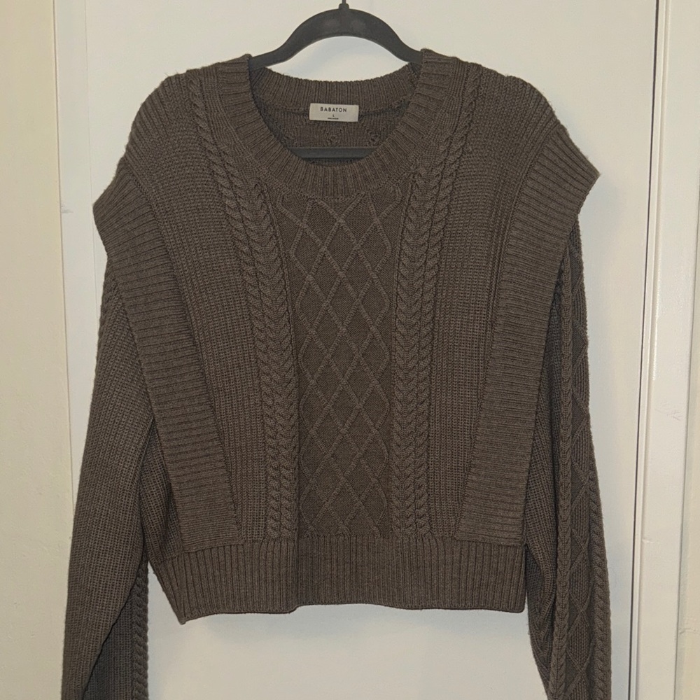 Babaton Gray Brown Cable-Detail Crewneck Sweater 100% WOOL ARITZIA